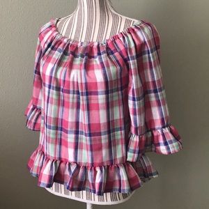 Rounded neck, 3/4 sleeve top, pink plaid